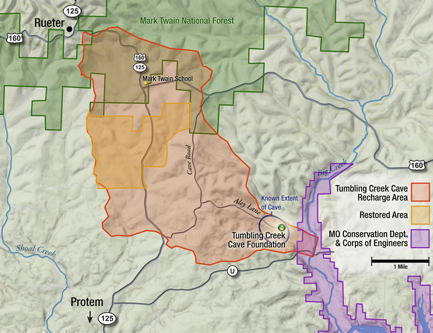 map showing the recharge area of the cave and identifying a restored area